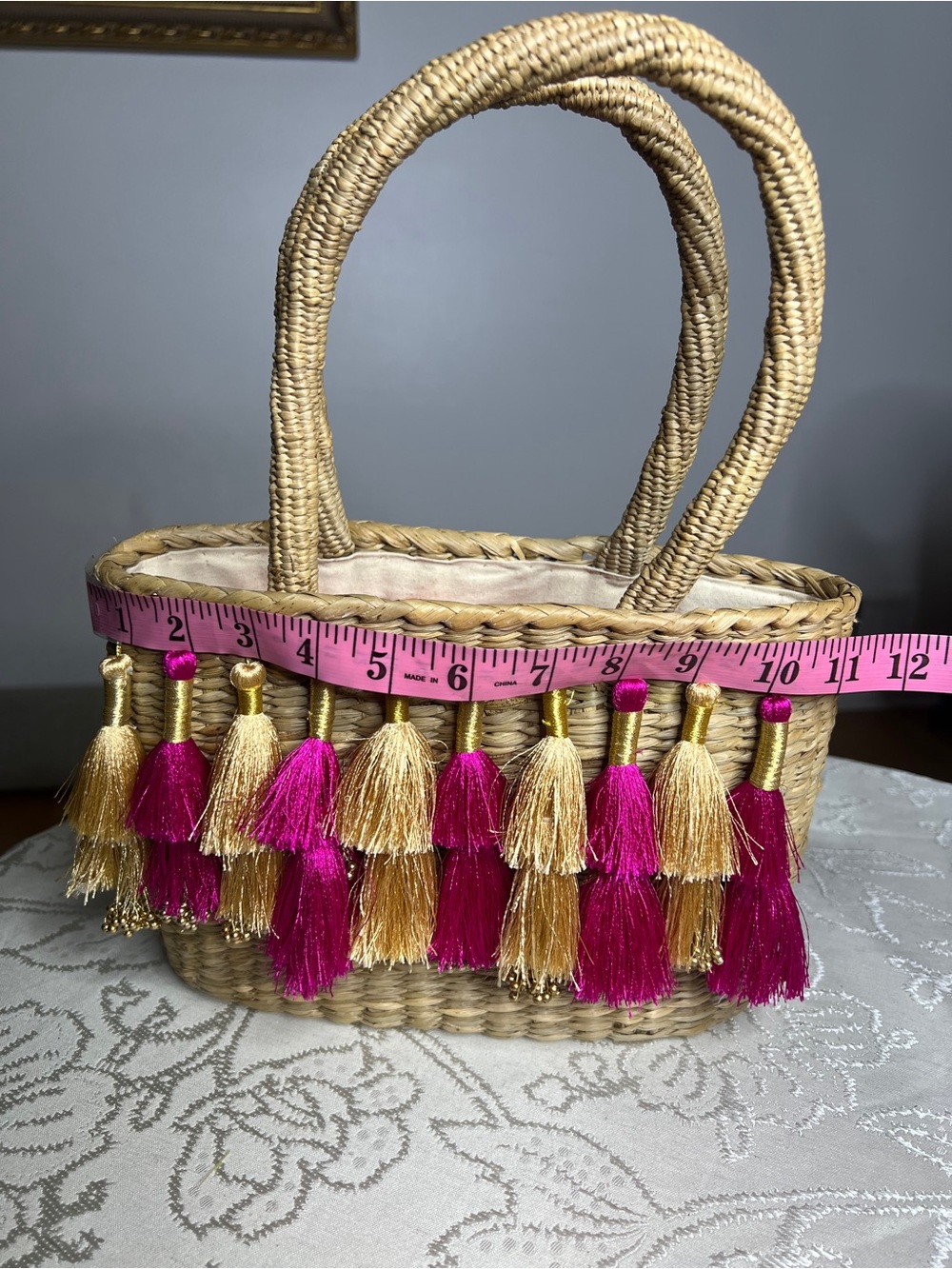 Vintage Straw Tote with Pink & Natural Tassels - Picture 8 of 9